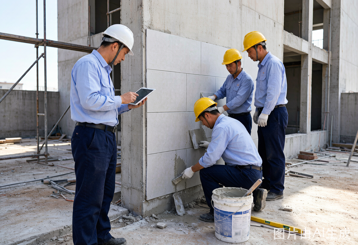 青居装饰工地施工实拍，工人贴砖施工场景